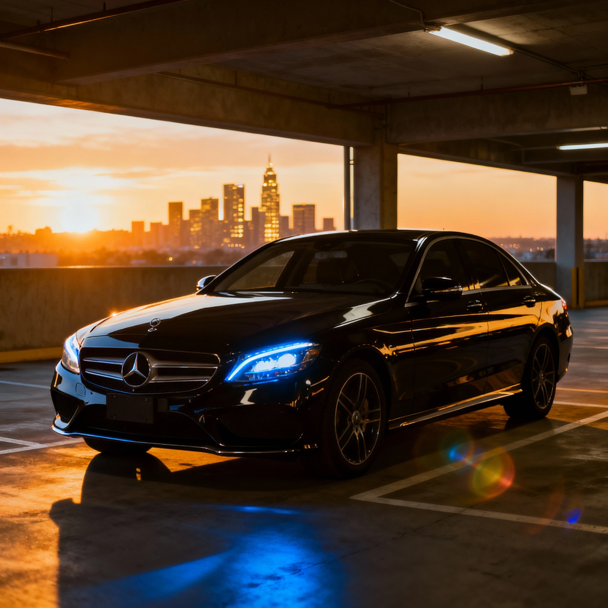 Mercedes W205 in Parkhaus mit Skyline